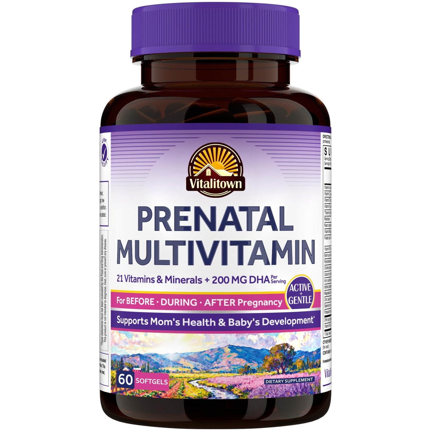 Vitalitown Prenatal Vitamins for Women with Methylfolate, DHA & Choline, Healthy Growth and Brain Development, All Natural, Non-GMO, 60 Softgels