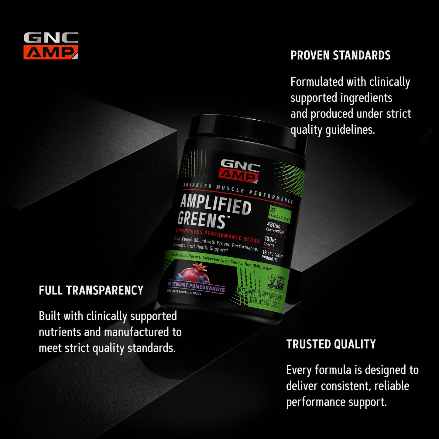 GNC AMP Amplified Greens Superfoods Performance Blend - Vegan Athlete Superfood Drink - Blueberry Pomegranate, Powder, 30 Servings