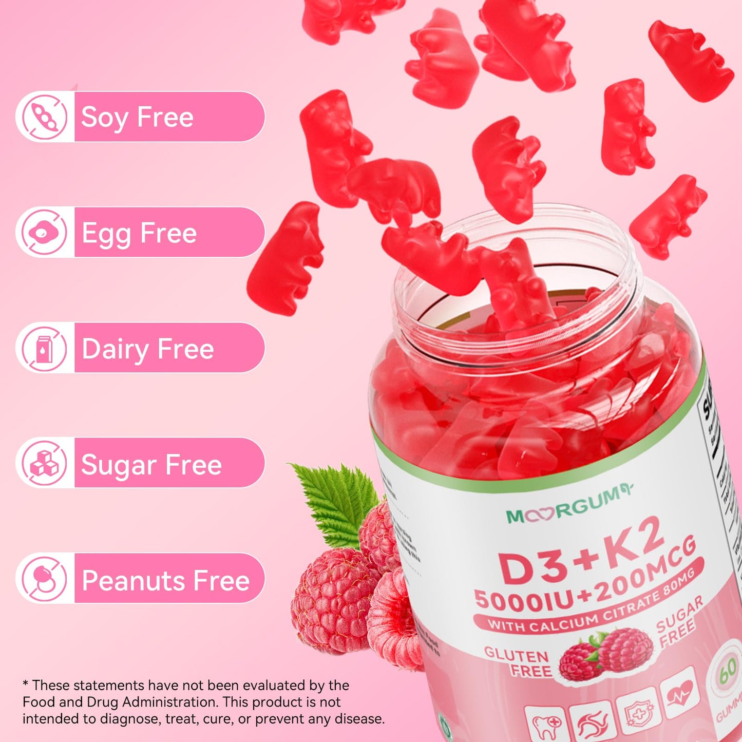 MOORGUMY Vitamin D3 K2 Gummies, 60 Count