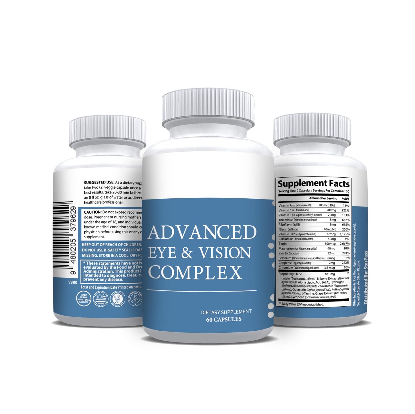 StarPass Labs Complete Research Vision Formula Advanced Eye Health Vitamin & Mineral Supplement with Bilberry, Lutein, Zeaxanthin, Lycopene, Resveratrol for Eye Strain & Dry Eyes, 180 Capsules