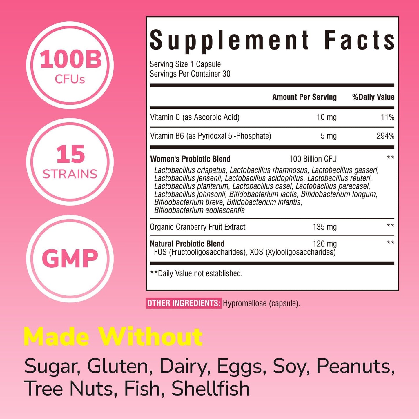 Vitalibre Probiotics for Women 100 Billion CFU 15 Strains Daily Probiotic Capsule 30 Count