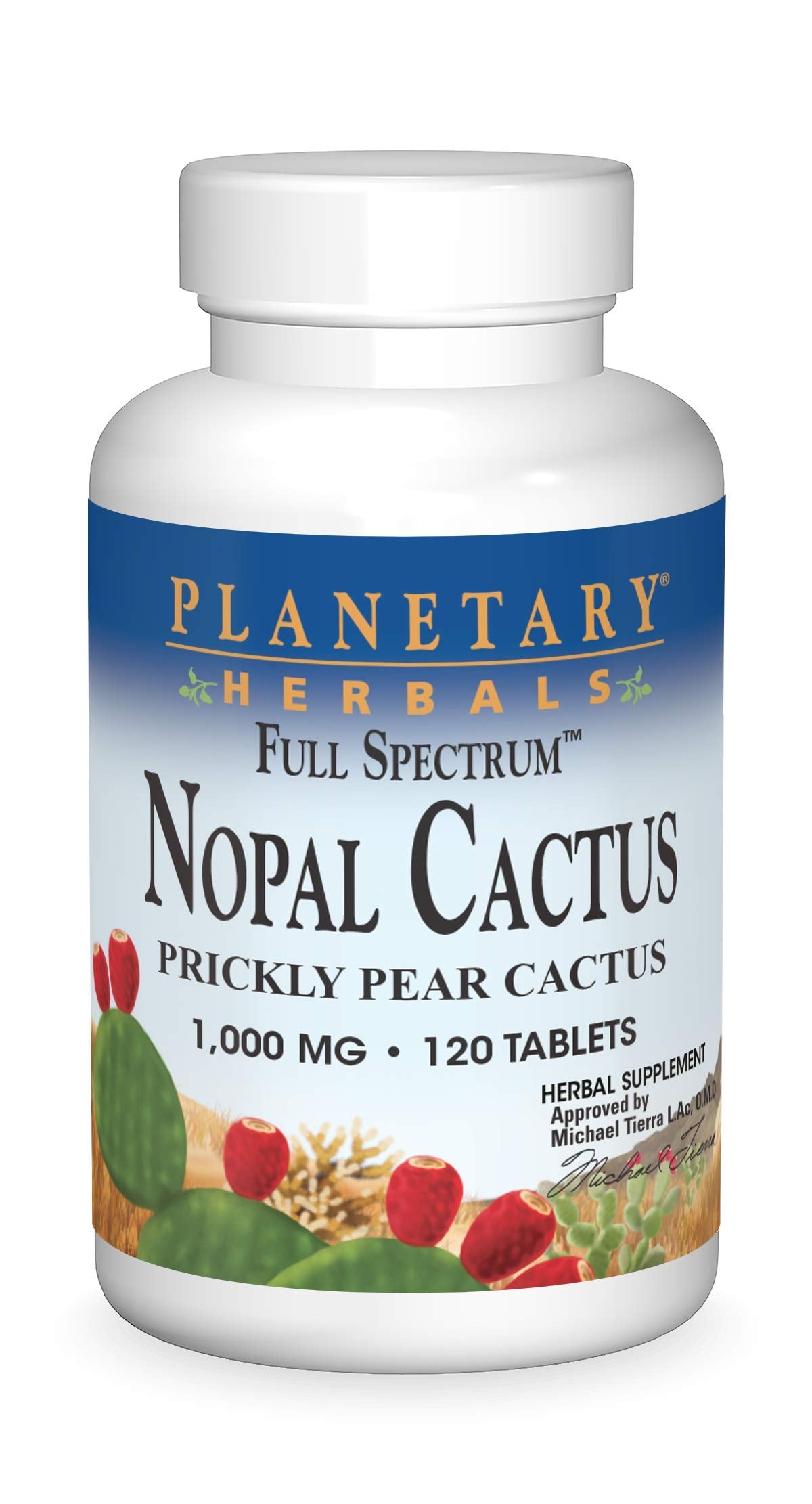Planetary Herbals Full Spectrum Nopal Cactus, Prickly Pear Cactus, 1000 mg, with Prickley Pear Leaf, Tablets, 120 Count