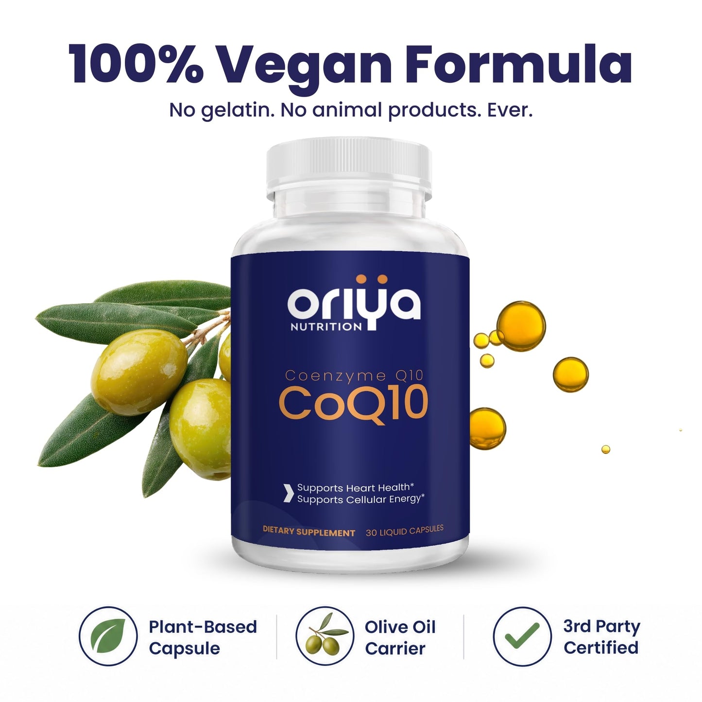 Oriya Nutrition CoQ10 120mg High-Absorption Liquid Veggie Capsules with Olive Oil & Vitamin E, 1 Count