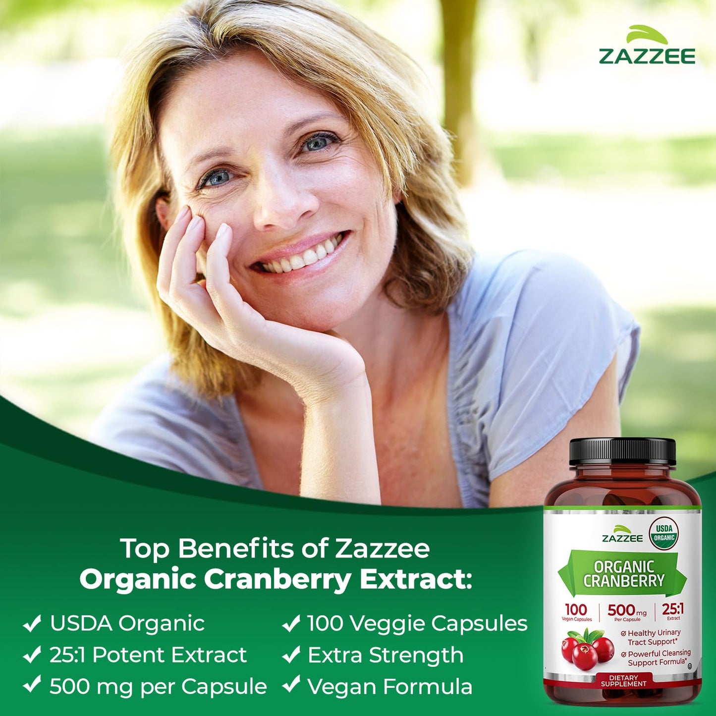 Zazzee USDA Organic Cranberry 25:1 Extract, 500 mg per Capsule, 100 Capsules