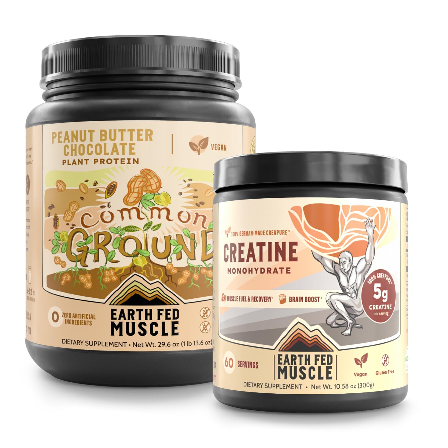 Earth Fed Muscle Vegan Strength & Recovery Bundle – Common Ground Plant-Based Protein Powder (Chocolate Peanut Butter) + Transcend German Creapure Creatine Monohydrate – Muscle Support & Performance, 2-Pack