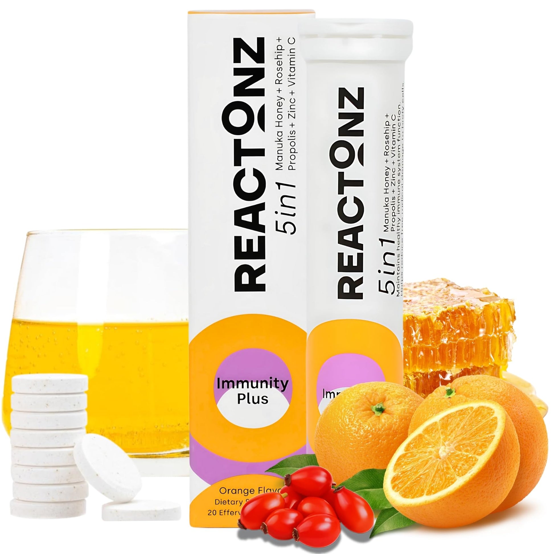 REACTONZ 5 in 1 Immunity Plus – Immune Support & Antioxidant Supplement – Vitamin C, Zinc, Manuka Honey, Rosehip & Propolis – Natural Zesty Orange Flavor – 20 Tablets