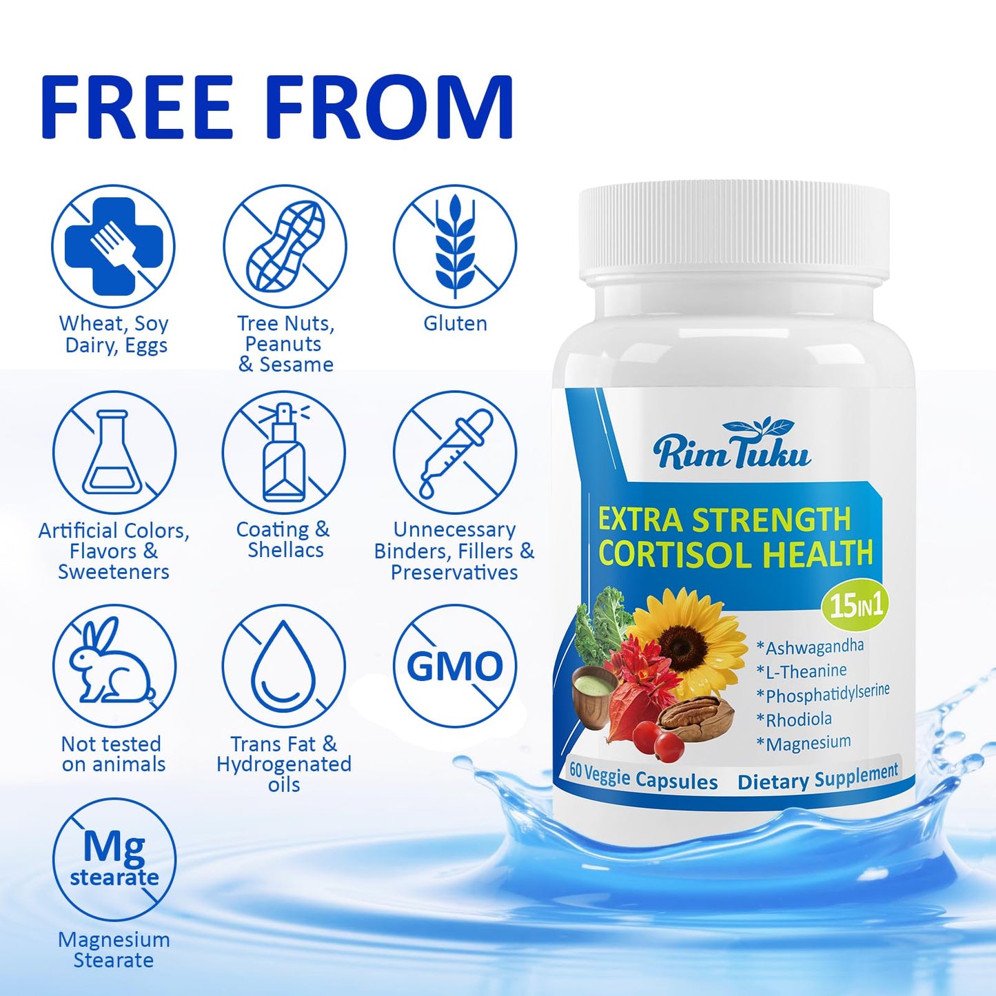 RimTuku Cortisol Detox for Women & Men - 15-in-1 Cortisol Manager & Reducer with Ashwagandha & Rhodiola Rosea, Stress Relief & Adrenal Balance, 120 Capsules