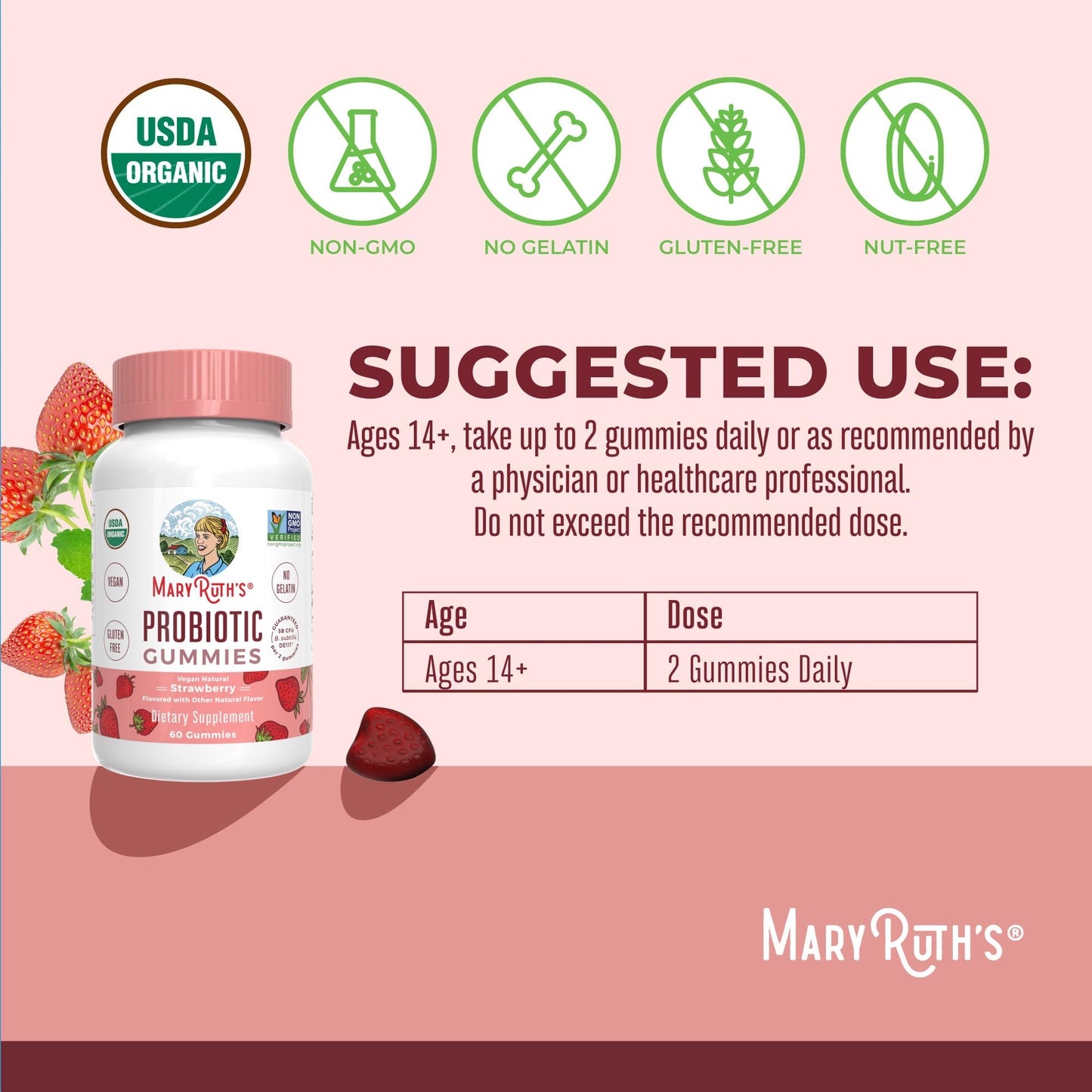MARYRUTH'S USDA Organic Probiotic Gummies 60 Count