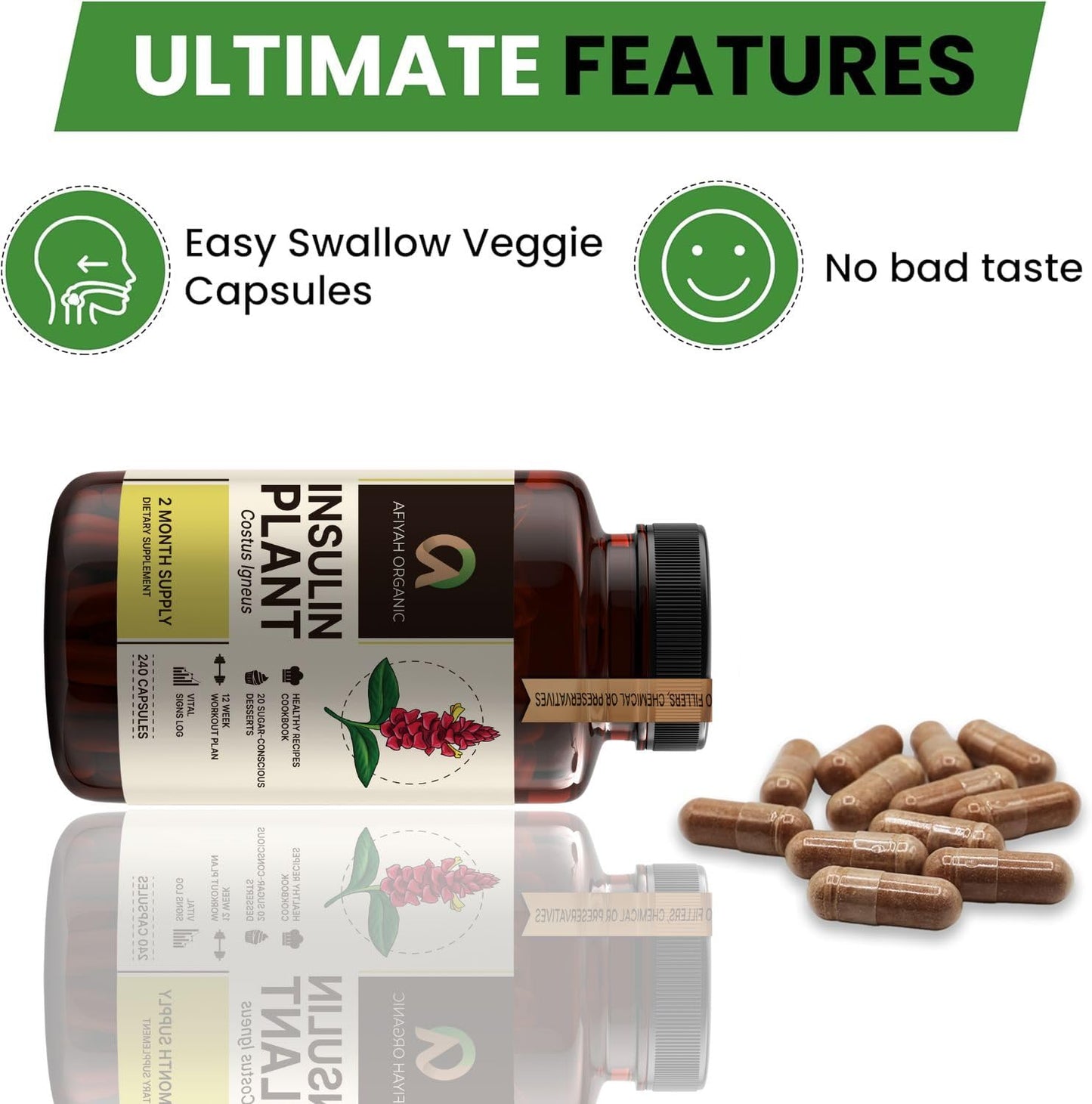 Afiyah Organic Costus Igneus (Insulin Plant) Capsules, 240 Count