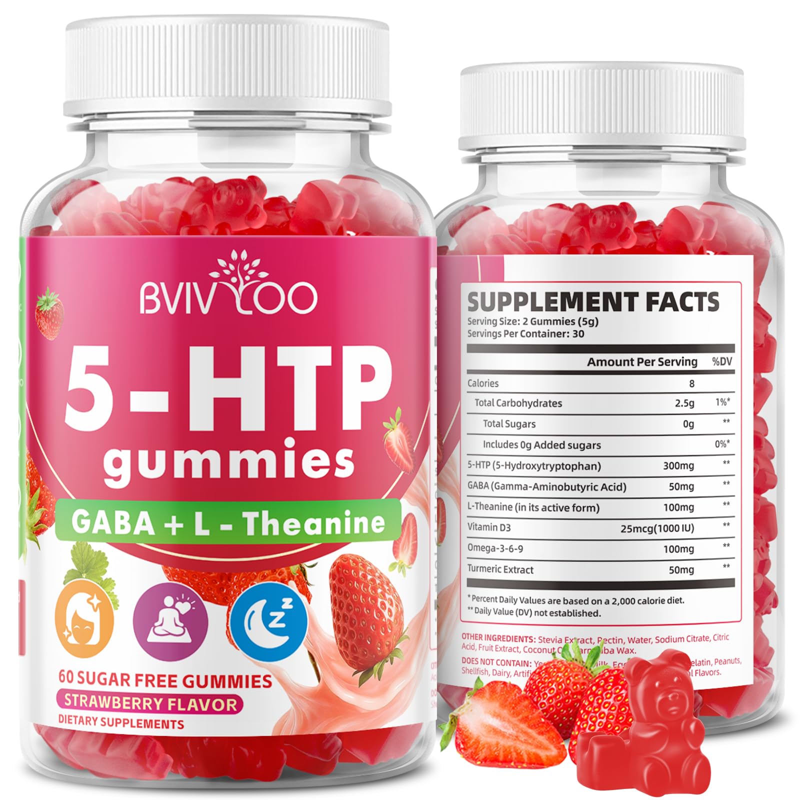 BVIVLOO Sugar Free 5-HTP Gummies + GABA - L-Theanine, Vitamin D3, Strawberry Flavor, 60 Count