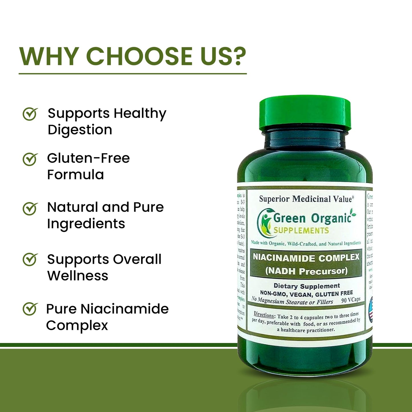 Green Organic Supplements Niacinamide Niacin NAD NADH High Absorbable Capsules 90 Count