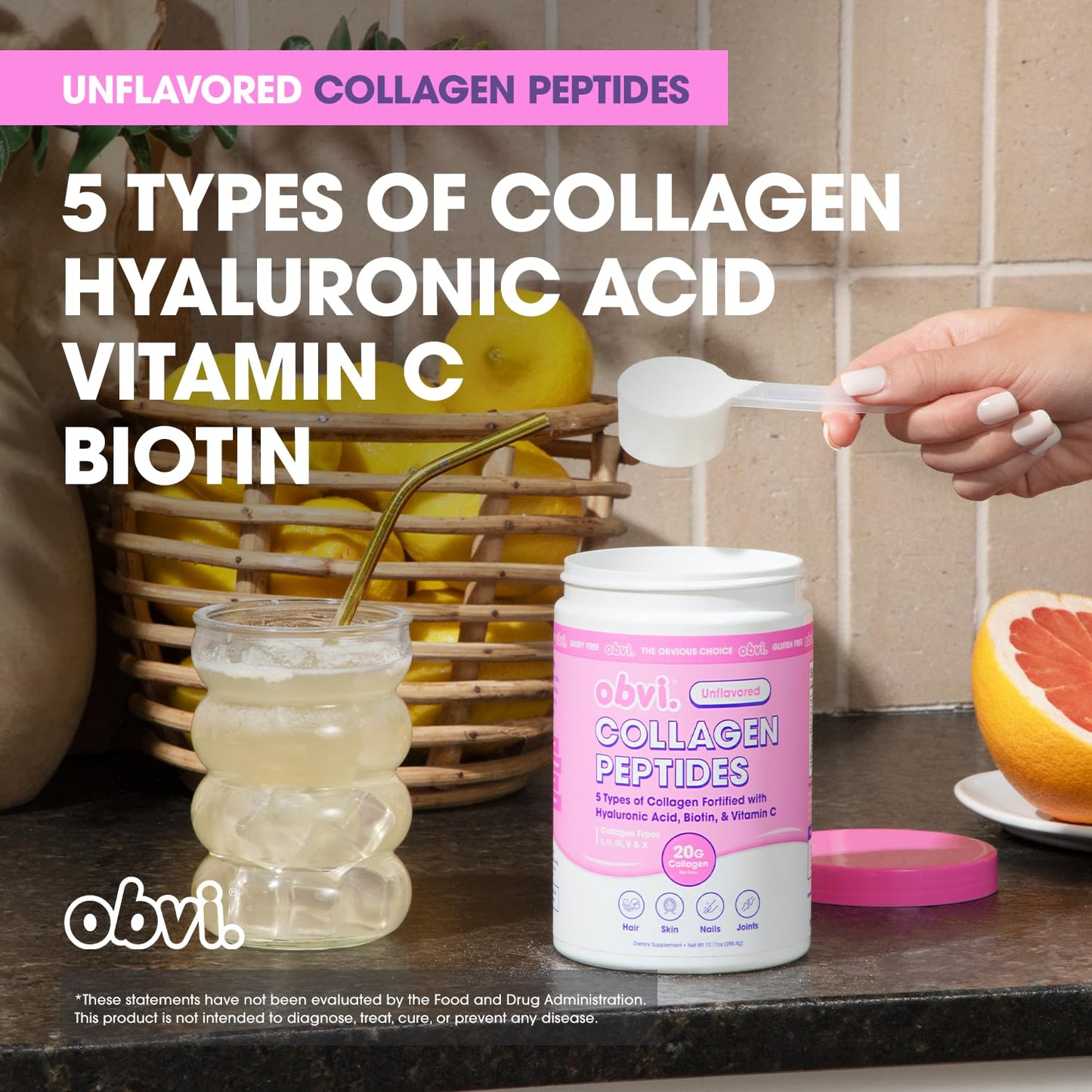 Obvi Multi Collagen Peptides & Hyaluronic Acid & Vitamin C Powder, Hydrolyzed Bovine Collagen, 10.17 oz