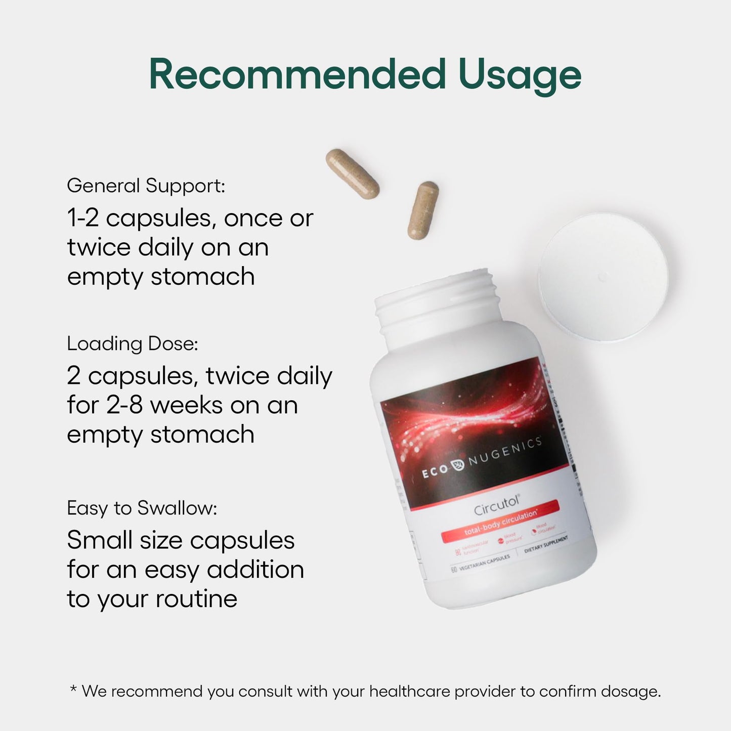 EcoNugenics Circutol Heart & Blood Pressure Supplement with Nattokinase, L-Carnitine, Hawthorn Berry Extract, Cordyceps & Reishi Mushrooms - Healthy Blood Flow & Nitric Oxide Support, 60 Capsules