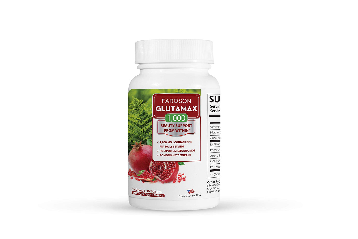Faroson Glutamax Whitening from Within Glutathione 1000mg with Fern & Pomegranate Extract, Tablets, 30 Count