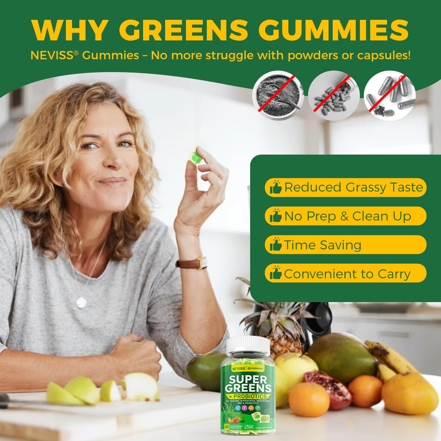 NEVISS Organic Super Greens Daily Superfood Gummies + Probiotics, Spirulina, Chlorella, Spinach, Broccoli, Prebiotic Fiber, Mushroom - Rich in Vitamins - Adults & Teens Digestive, Focus, Energy, No Sugar, 60 Gummies