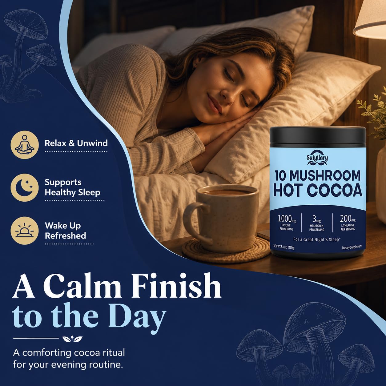 Suiyilary 10 Mushroom Hot Cocoa Powder with 3mg Melatonin Sleep Supplement, 5.3 oz