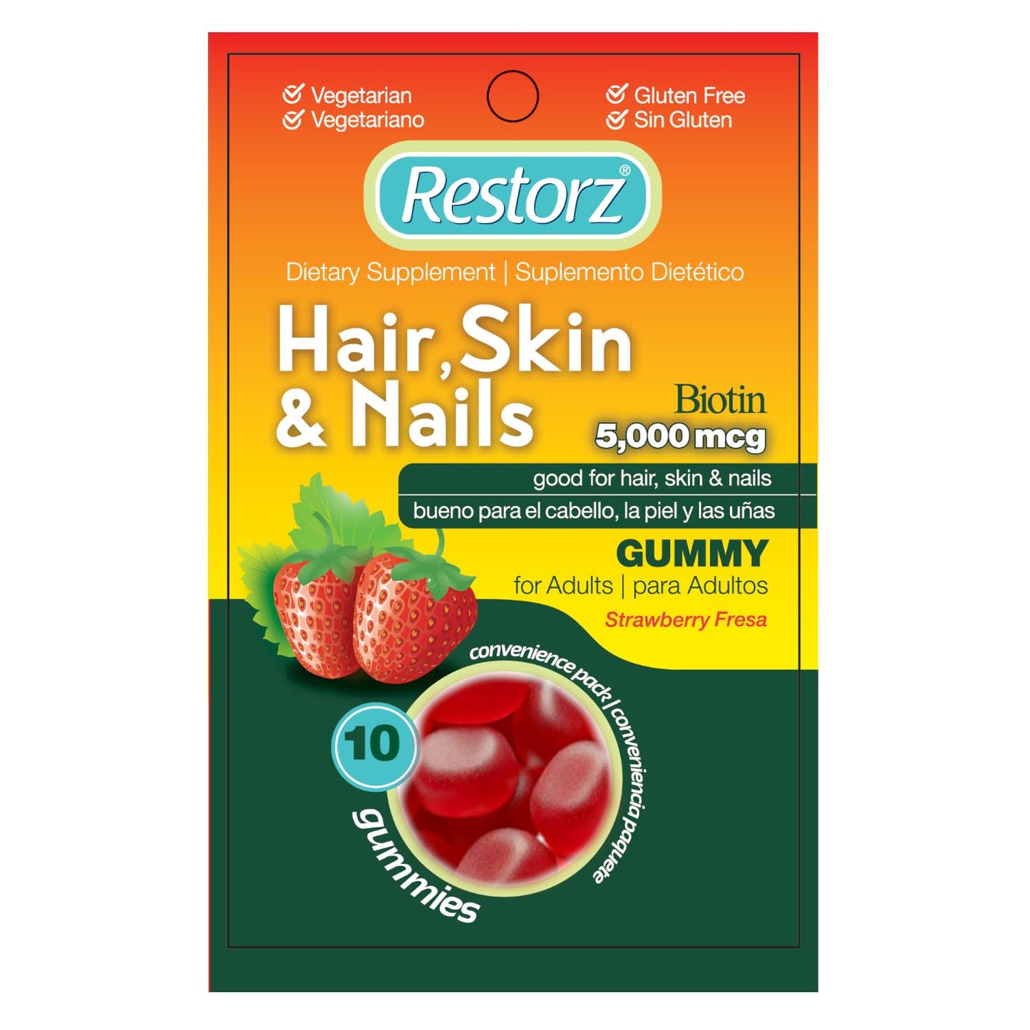 Restorz Biotin Gummy Vitamins for Hair, Skin, and Nails, Strawberry Flavor, 12-Pack