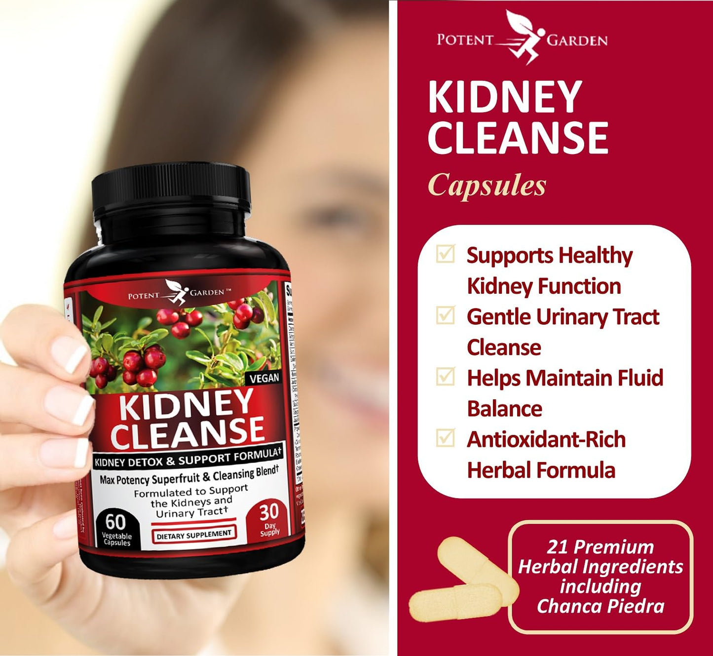Potent Garden Kidney Cleanse Detox & Repair with Chanca Piedra & Uva Ursi – Advanced Kidney Support Supplement for Healthy Kidney Function, Urinary Tract & Bladder Wellness, 60 Capsules