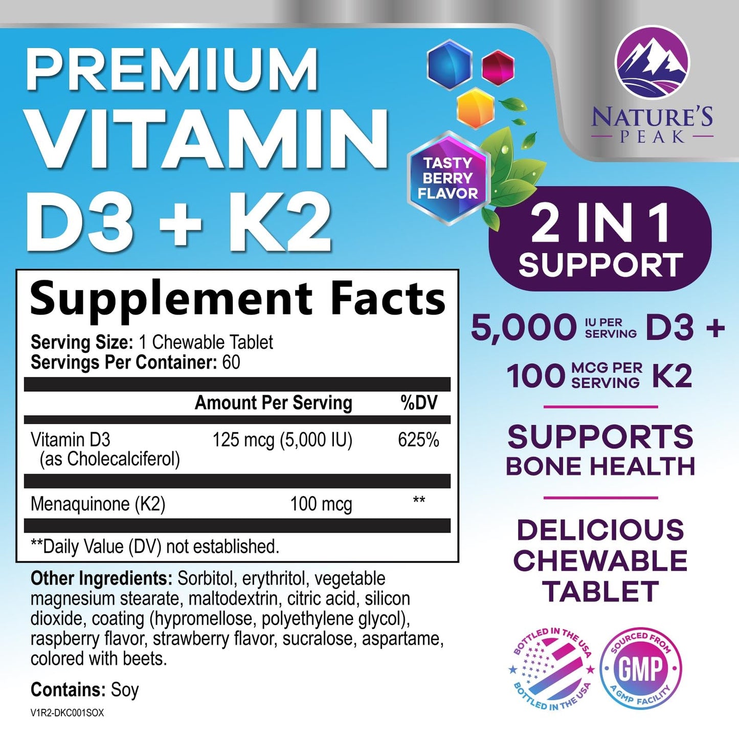 Nature's Peak Vitamin D3 K2 Tablet 5000 IU D3 & 100 mcg K2 MK-7 per Serving, 60 Count