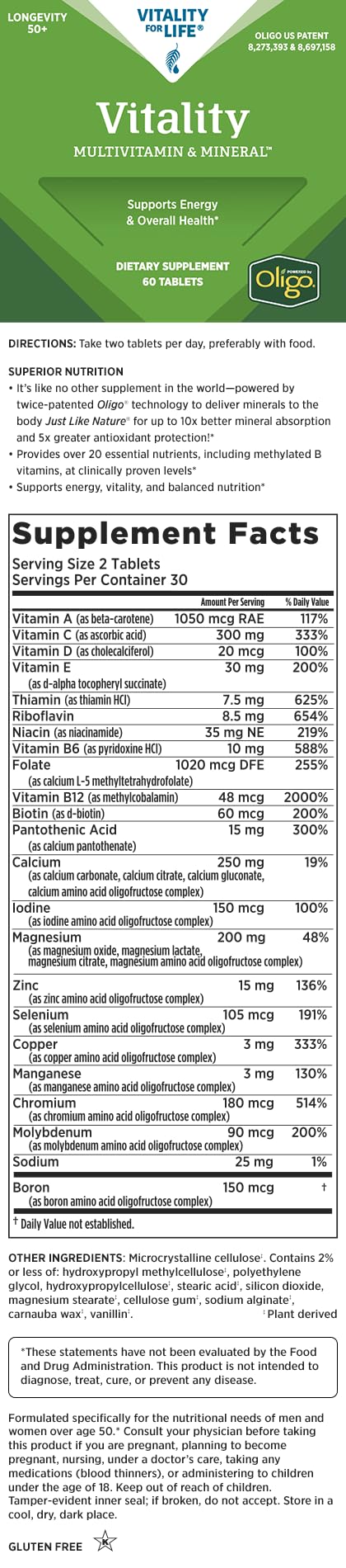Melaleuca Multivitamin & Mineral Longevity Supplement for Men & Women 50+, Powered by Oligo, 60 Tablets
