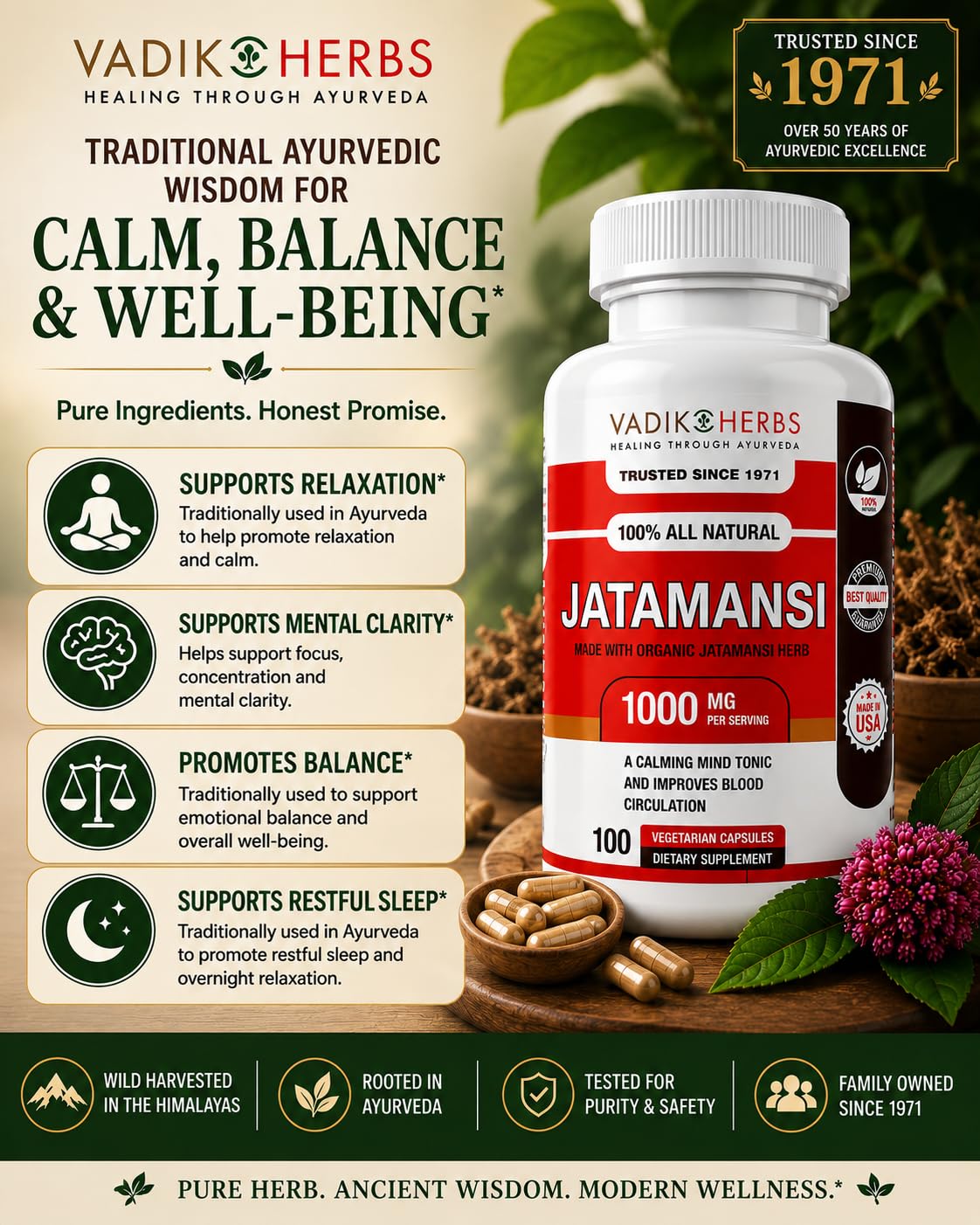 Vadik Herbs Jatamansi 1000mg Capsules, 100 Capsules