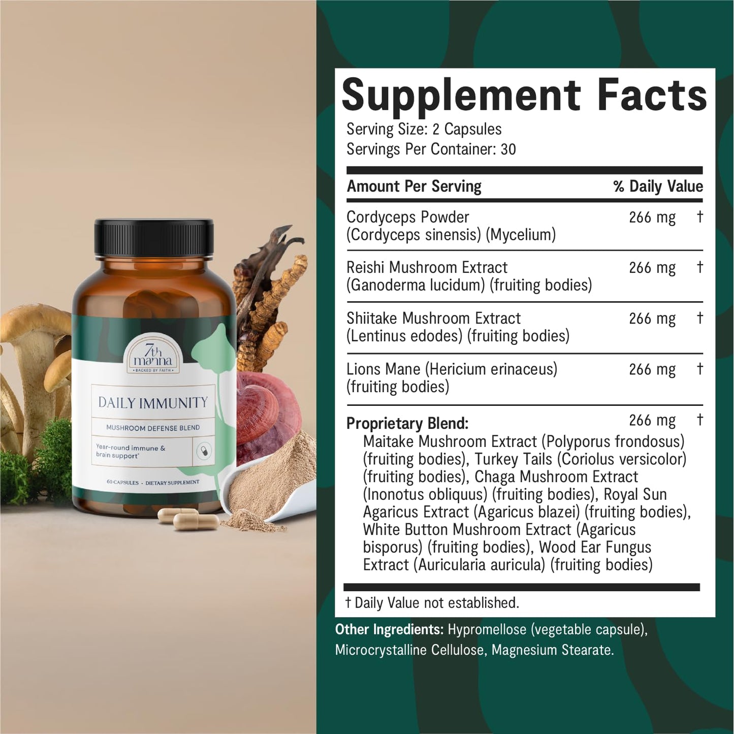 7th Manna Daily Immunity Lion's Mane Mushroom Complex Capsules with Cordyceps, Turkey Tail & Reishi, Brain Support, Focus, Energy & Immune Booster, 60 Capsules