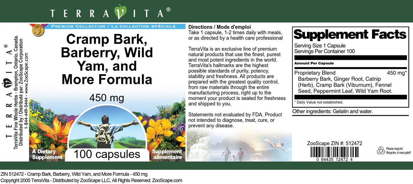 Terravita Cramp Bark, Barberry, Wild Yam, and More Formula 450 mg Capsule, 100 Count
