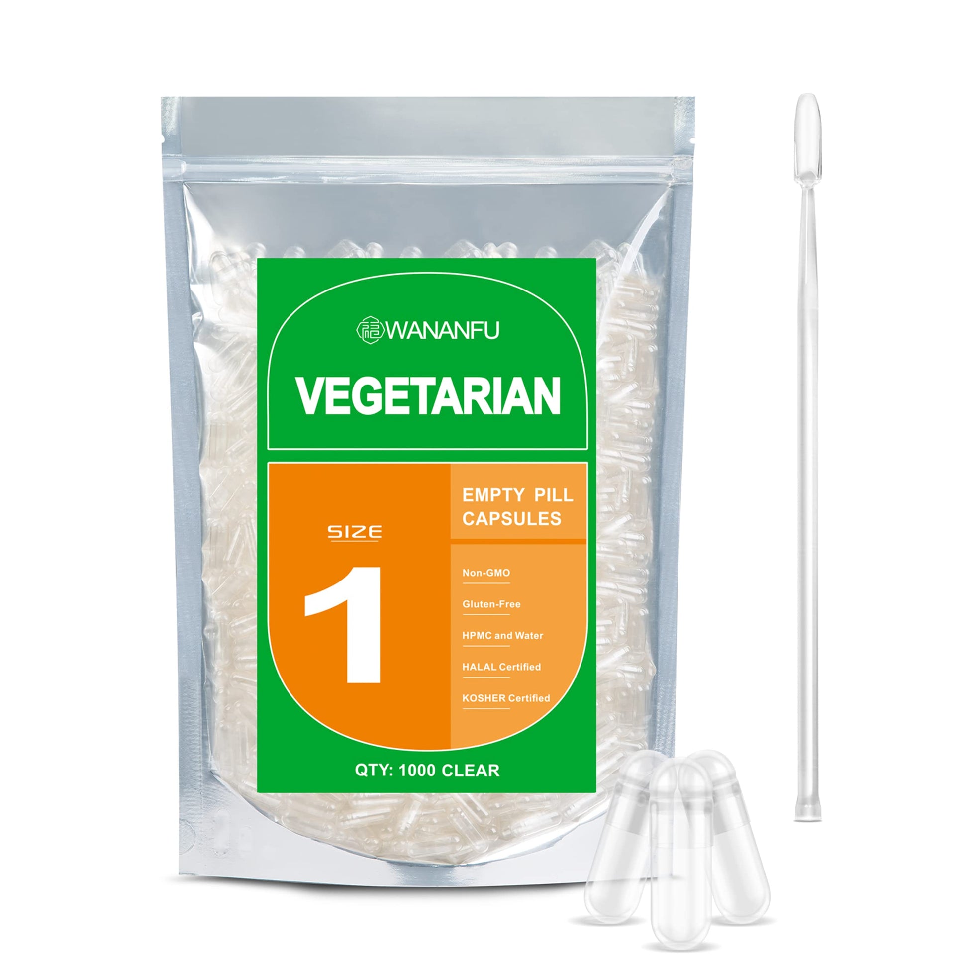 Wananfu Size 1 Empty Vegetarian Capsules, 1000 Count, with Micro Lab Spoon