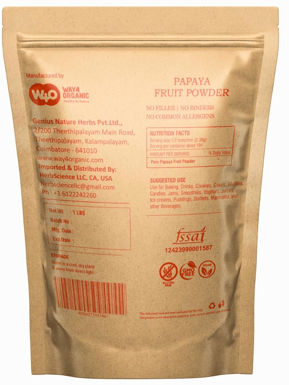 WAY 4 ORGANIC W4O Papaya Fruit Powder, 16 Ounces