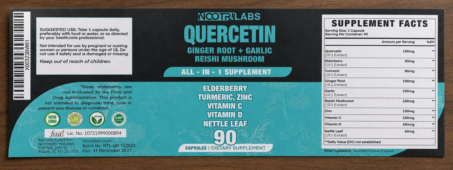 Nootrilabs Naturals All-in-1 Highest Potency Quercetin, Elderberry, Turmeric, Reishi Mushroom, Vitamin C, D, Ginger Root, Zinc, Nettle Leaf - Immune, Antioxidant & Overall Health Support, 90 Vegan Capsules