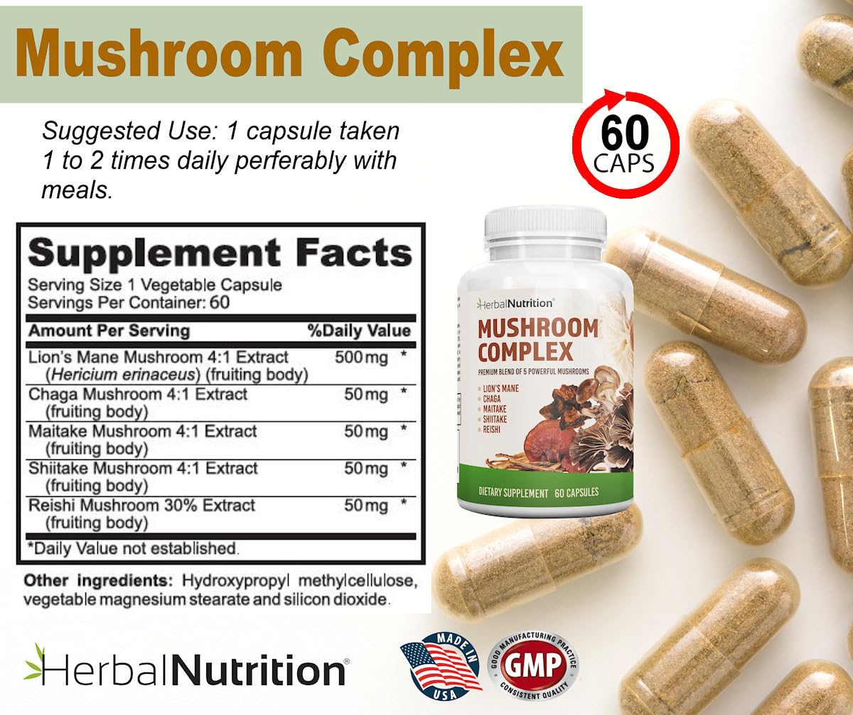 Herbal Nutrition Mushroom Complex 700-1400mg Capsules, 120 Count