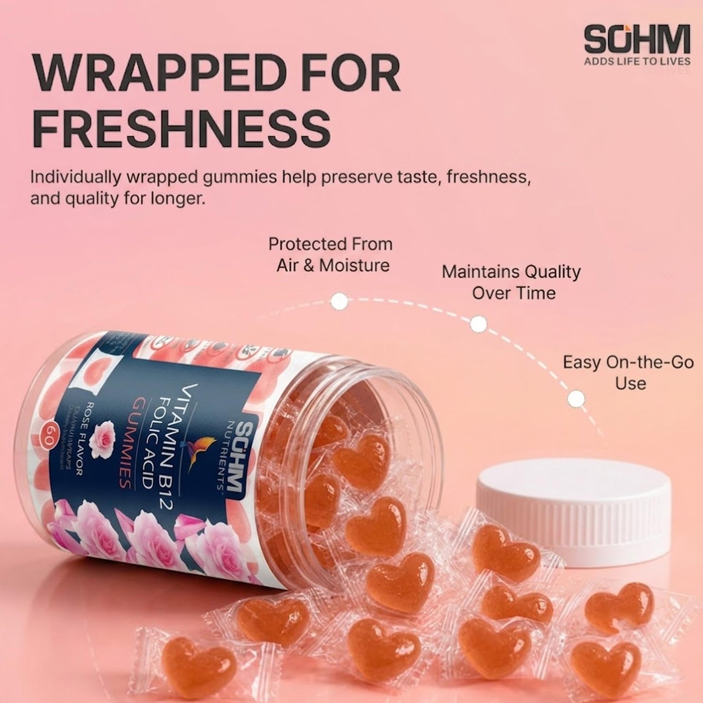 SOHM ADDS LIFE TO LIVES Folic Acid 300 mcg + Vitamin B12 for Women Gummy 60 Count