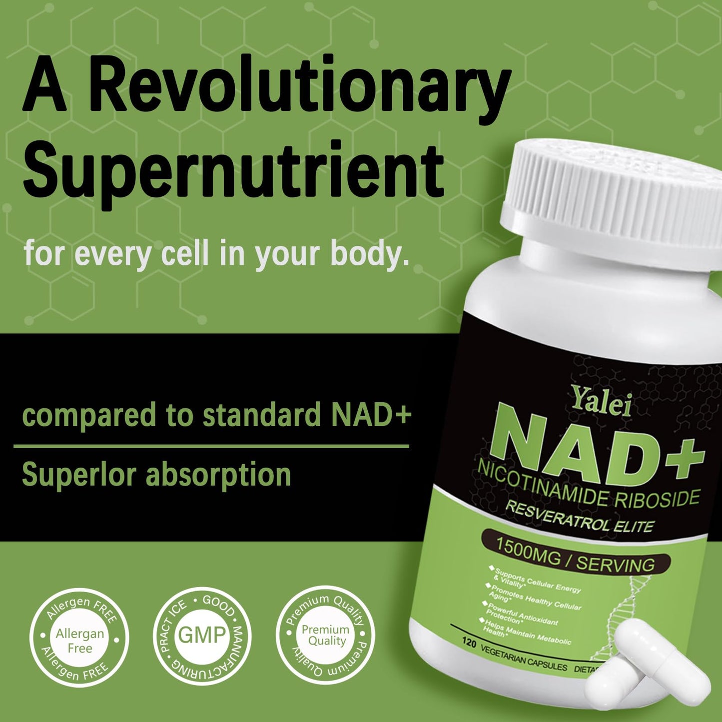 Yalei NAD Resveratrol Supplement 1500mg Liposomal NAD Plus Boosting Capsules 120 Count