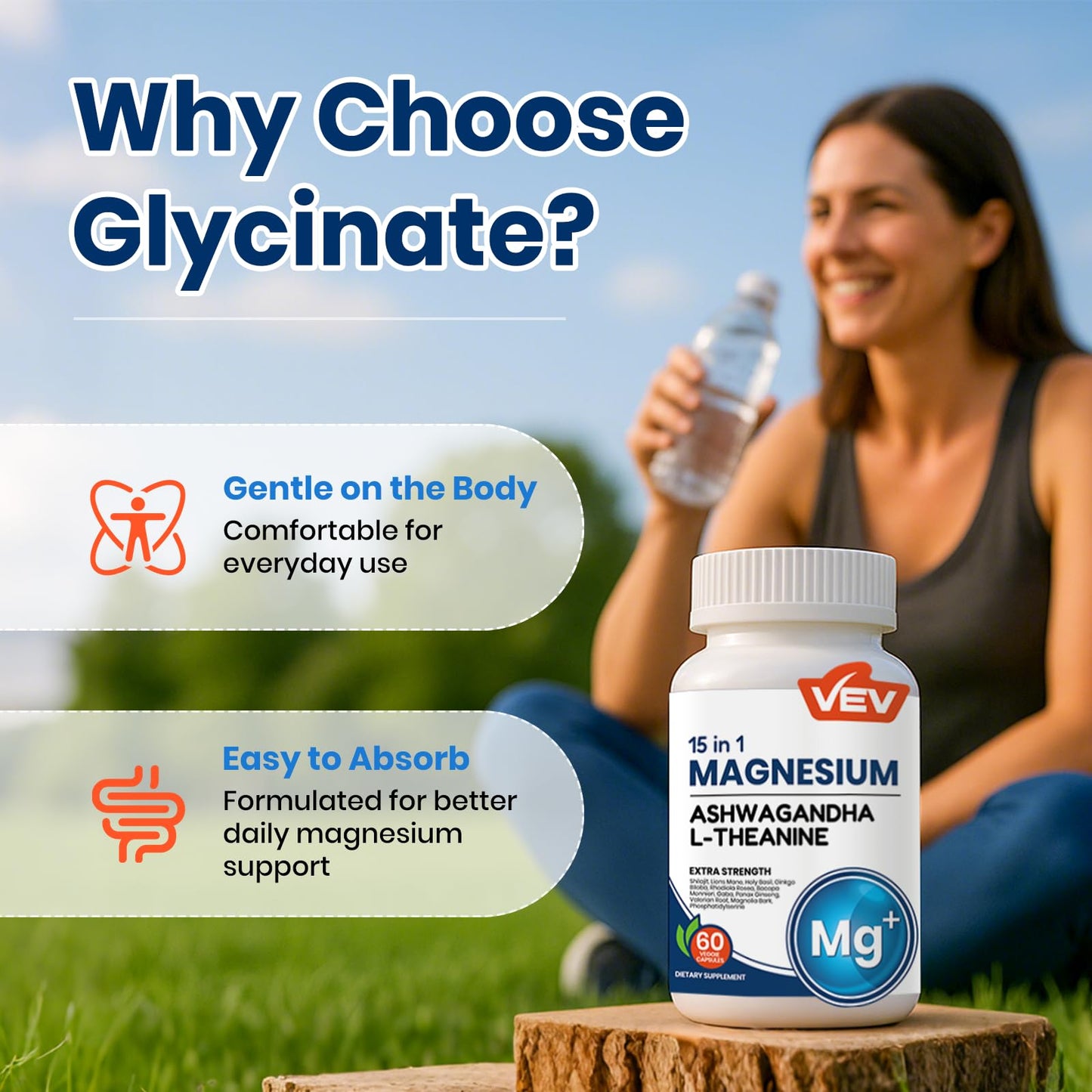 VEV Deep Calm 15 in 1 Magnesium Glycinate & Citrate Complex Capsules, 60 Vegan Capsules