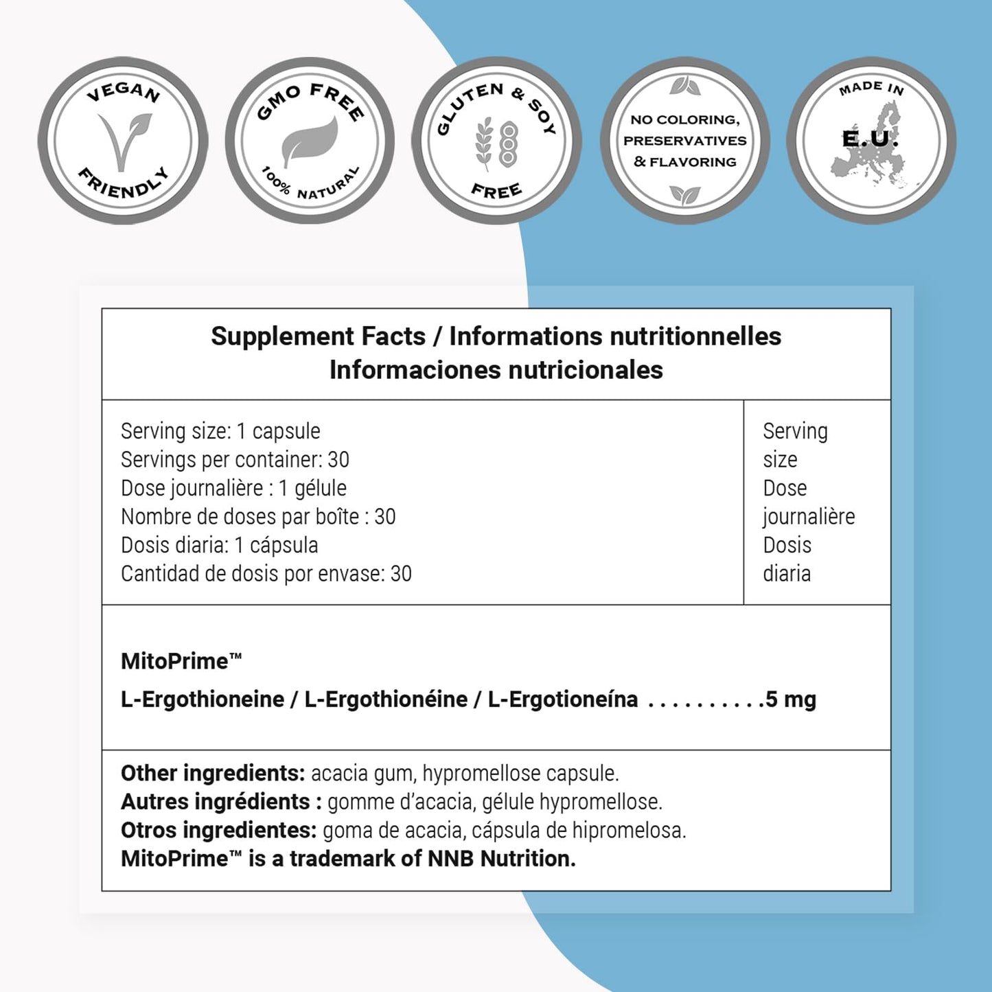 Supersmart L-Ergothioneine Supplement 5mg per Day (Advanced Antioxidant) Capsules, 30 Count