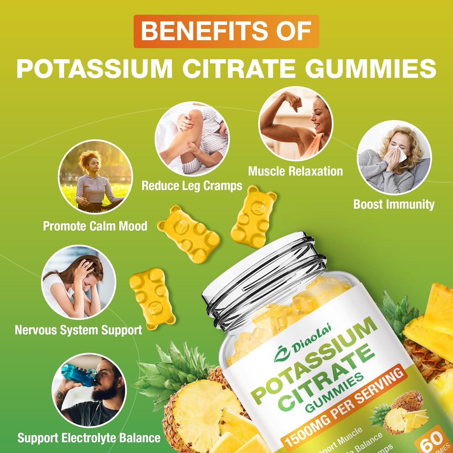 DIAOLAI Potassium Citrate 1500mg Gummies, Potassium Supplement for Women & Men, Supports Leg Cramp Relief & Muscle Health, Vegan, Pineapple Flavor (120 Count)