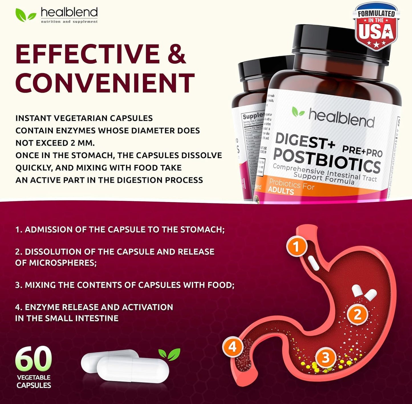 Healblend Digest + Postbiotics Supplement for Women and Men, Multi Enzymes, Organic Prebiotic & Probiotic for Digestive Health with Bromeline, Papin and Lipase Capsules, 60 Count