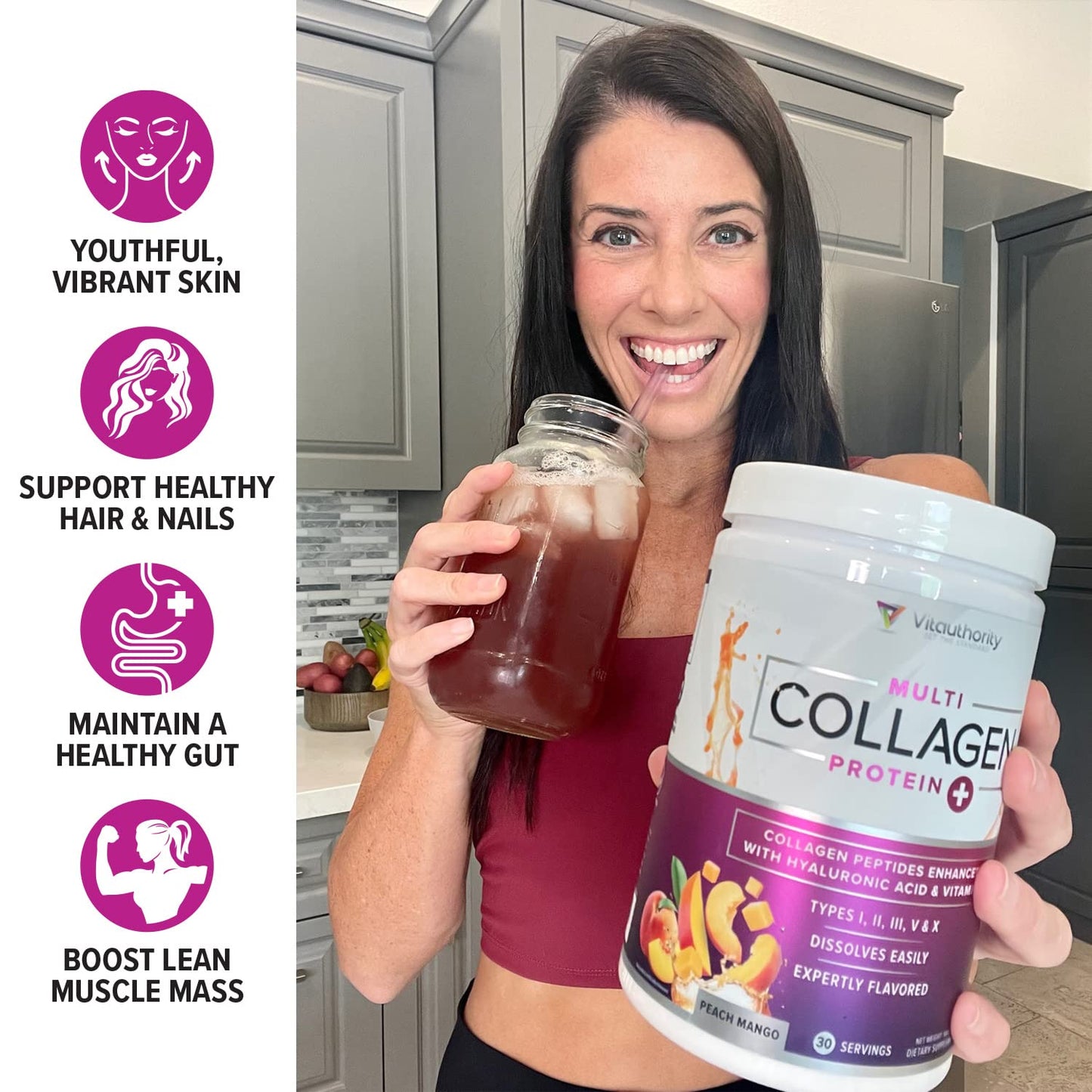 Vitauthority Multi Collagen Peptides Powder for Women, Peach Mango, Hydrolyzed, Types I II III V & X, Vitamin C & Hyaluronic Acid for Hair Skin Nails, 10 Servings