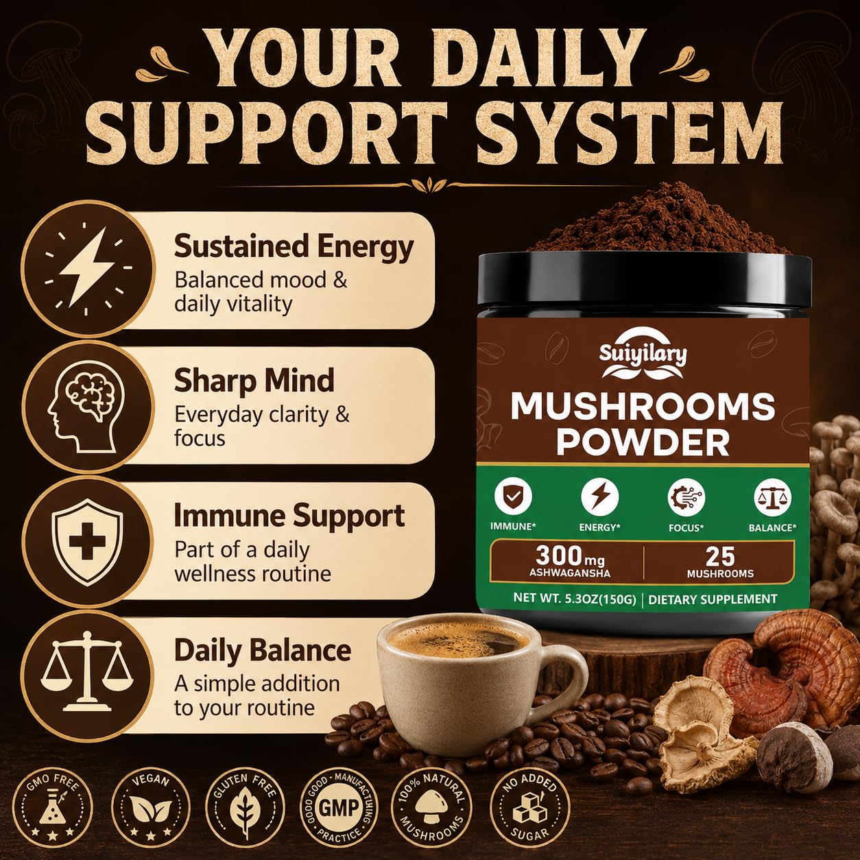 Suiyilary 25 in 1 Mushroom Powder, 5.3 oz