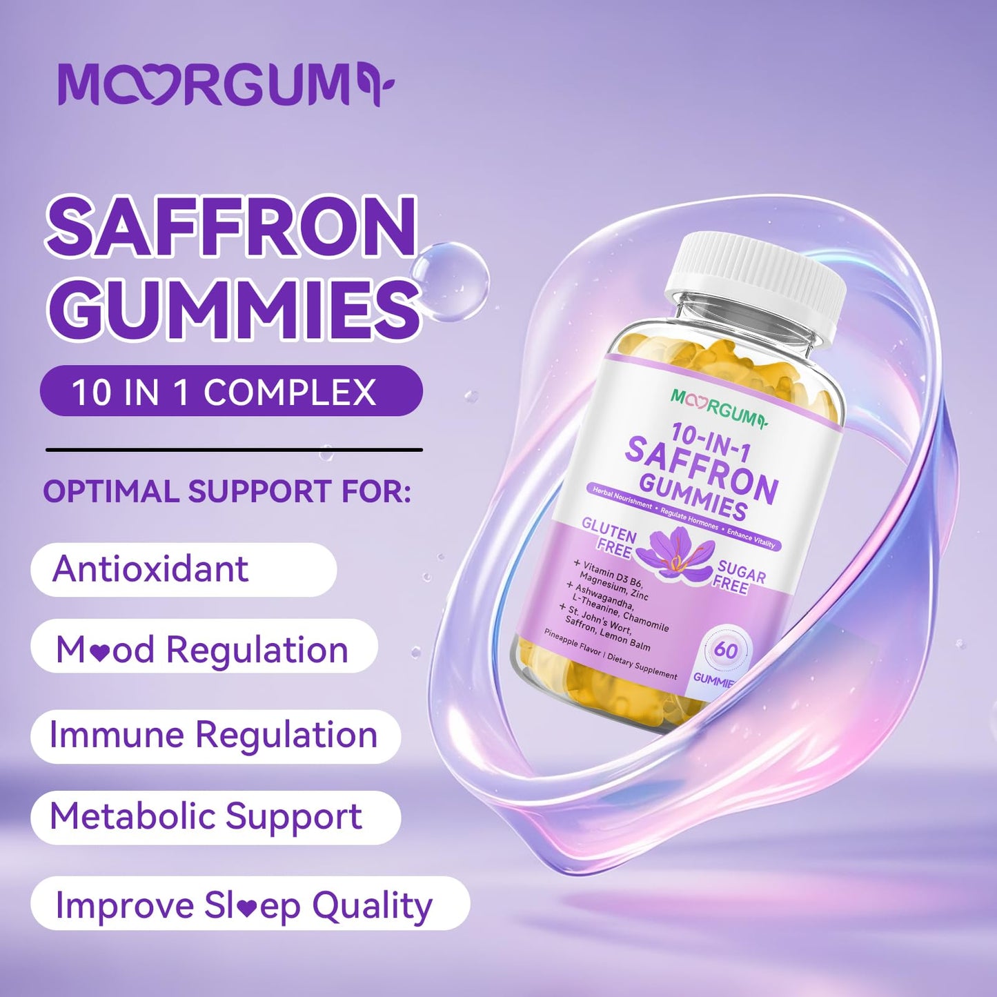 MOORGUMY Saffron Gummies for Adult Kids, 10-IN-1 Cortisol Support Supplement with Saffron 88.5mg, Vitamin D3, B6, Magnesium, Zinc, Ashwagandha, L-Theanine, St. John's Wort, For Emotions, Slumber, 60 Gummies