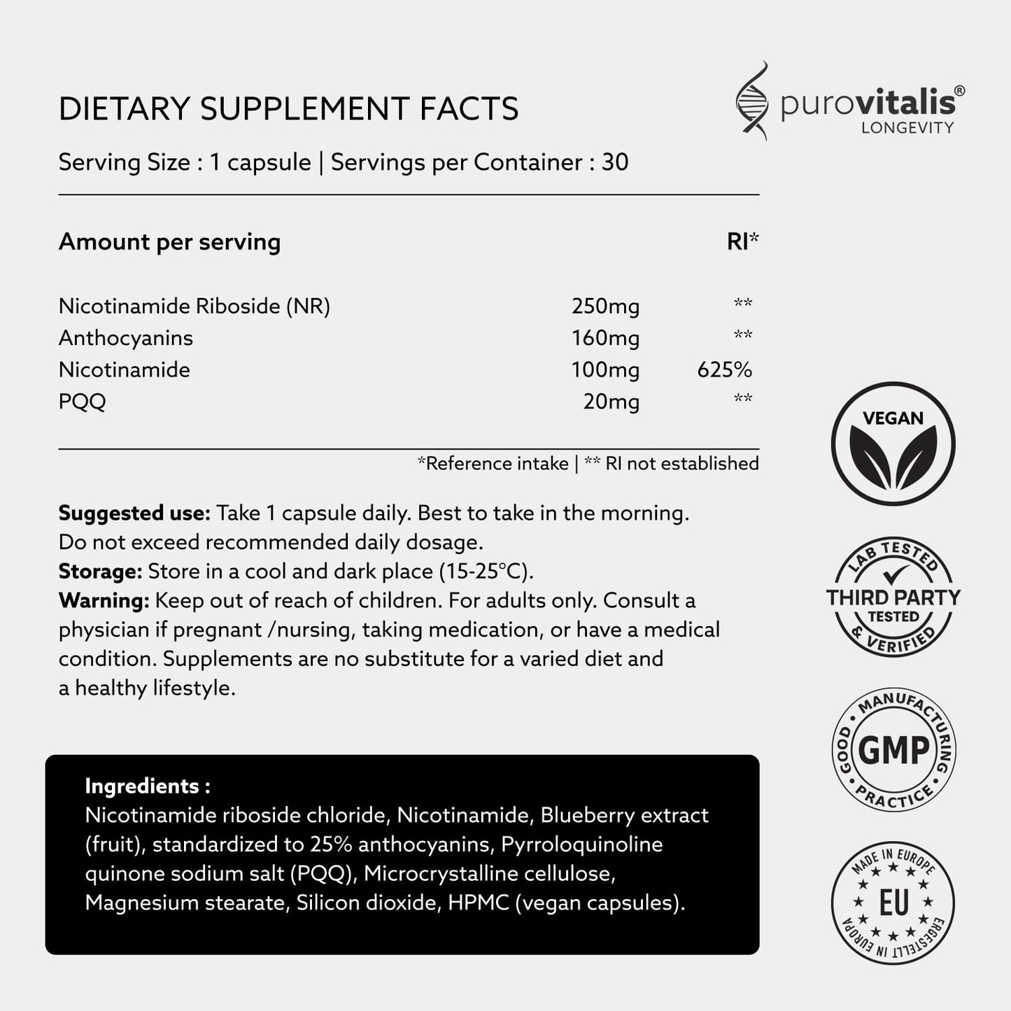 PUROVITALIS NAD+ Supplement with Nicotinamide Riboside (NR), Vitamin B3, PQQ & Anthocyanin, Cellular Energy Booster Capsules, 30 Count