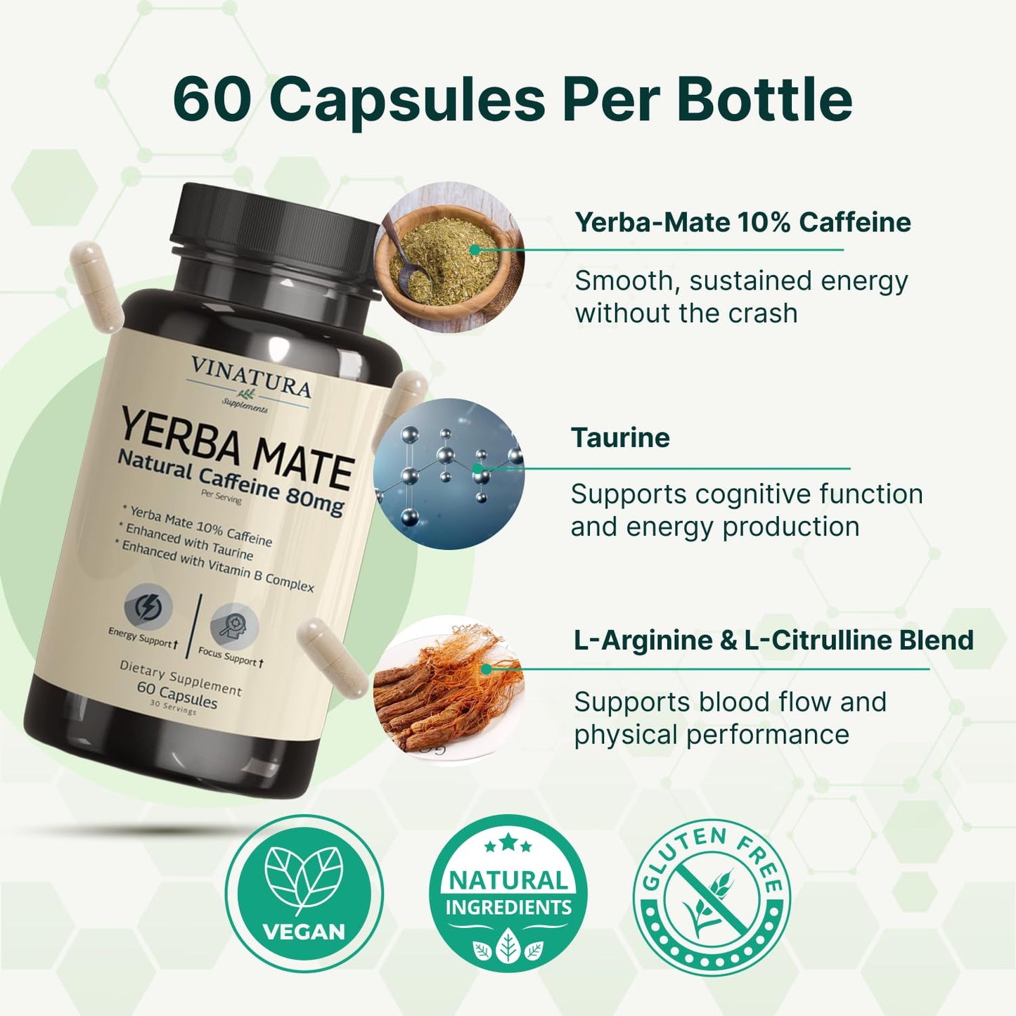 VINATURA Yerba Mate 1400mg - Magic Natural Caffeine & Energy Supplements, High Potency Enhanced with Taurine and Vitamin B Complex, 60 Capsules