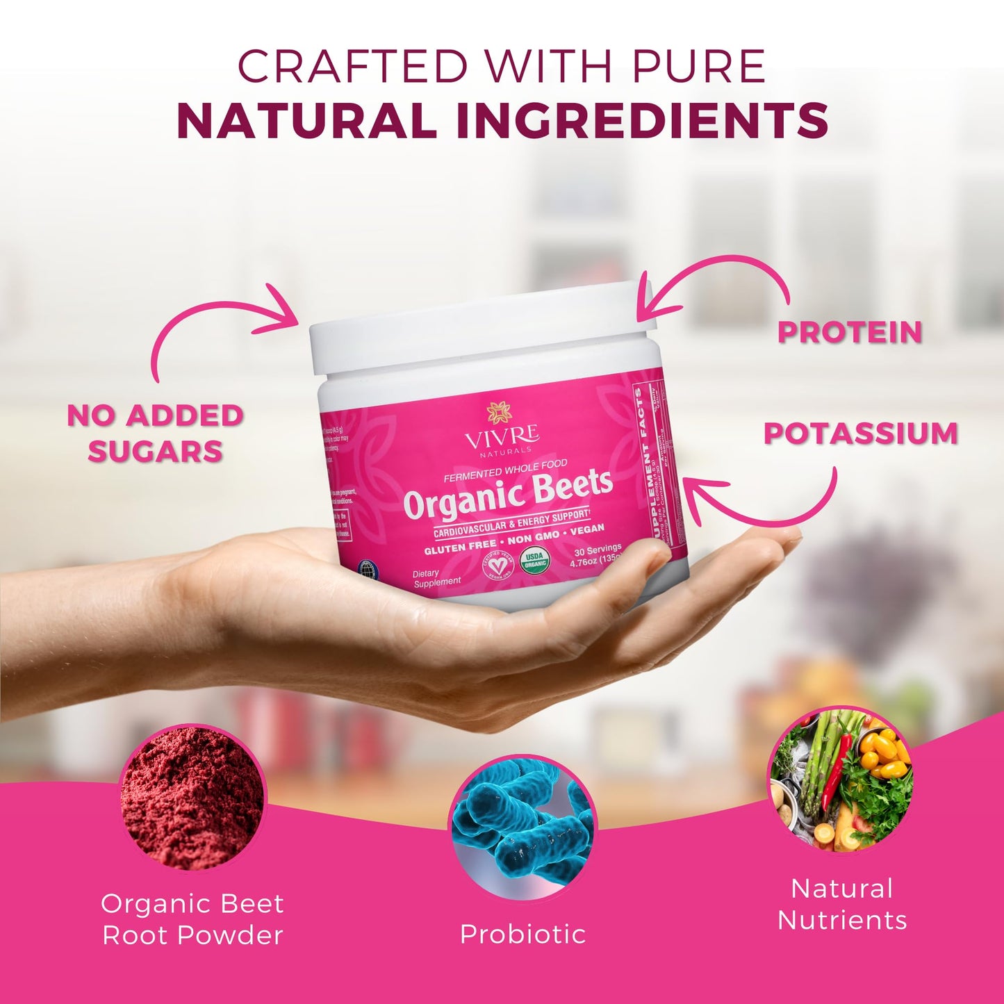 Vivre Naturals Fermented Whole Food Organic Beet Powder, 30 Servings