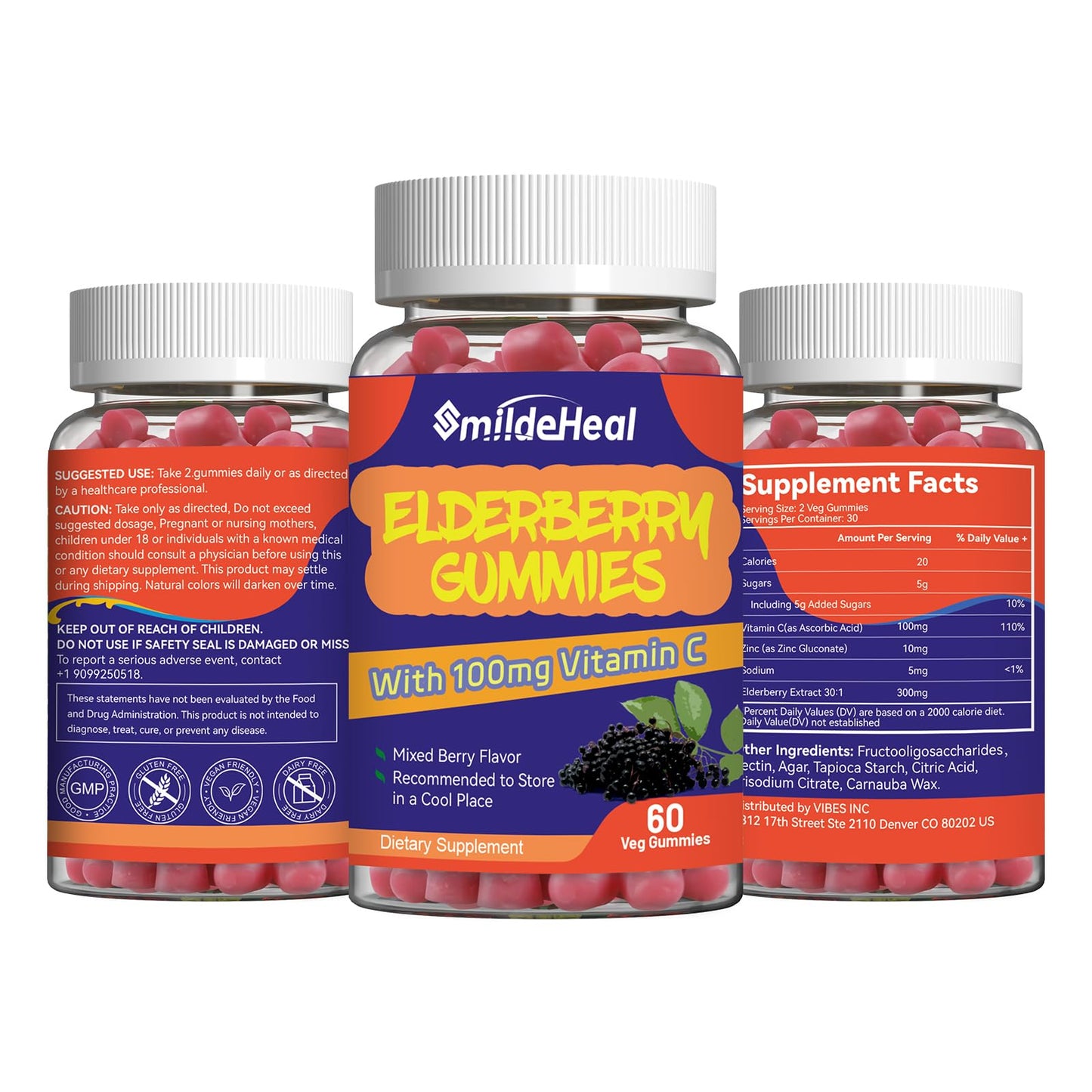 SmildeHeal Elderberry Gummies with Vitamin C and Zinc, 60 Gummies