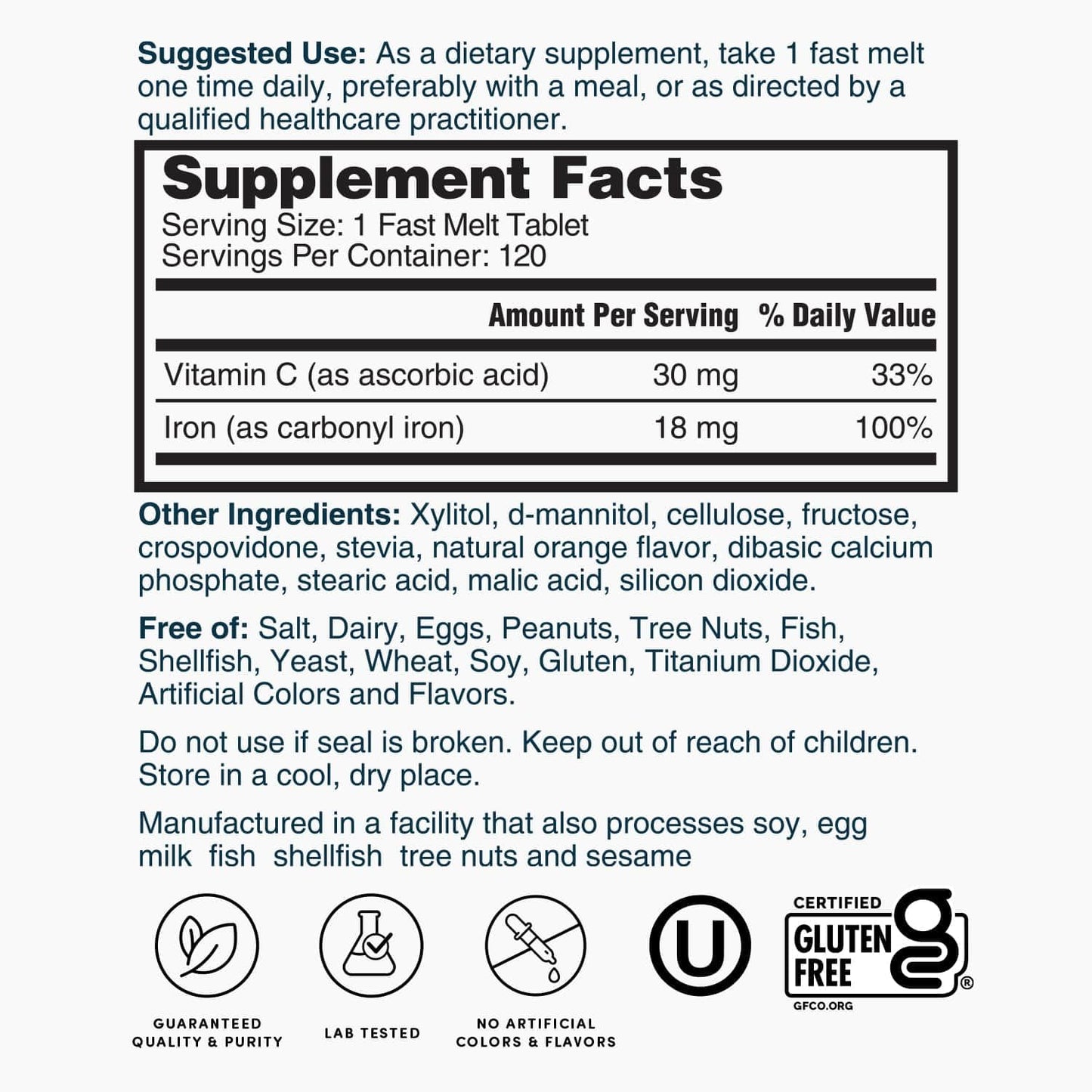 Nature's Lab Iron Plus Vitamin C Fast Melt Tablets, 120 Tablets