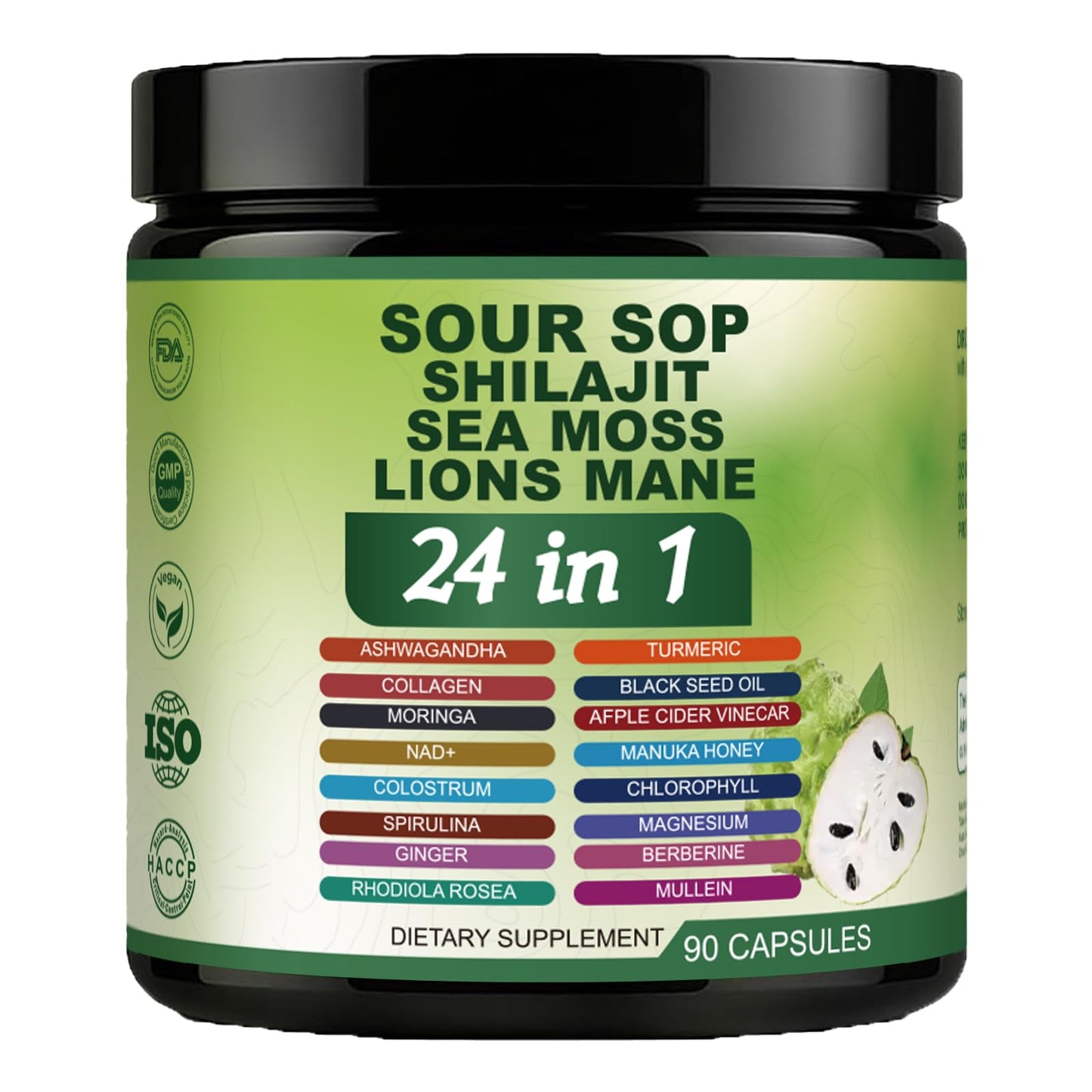 Nukupuns Soursop Capsules - 24-in-1 Graviola with Shilajit, Sea Moss, Lions Mane, Turmeric, Ashwagandha, Ginger & Manuka Honey, Vegan, Non-GMO, 90 Capsules