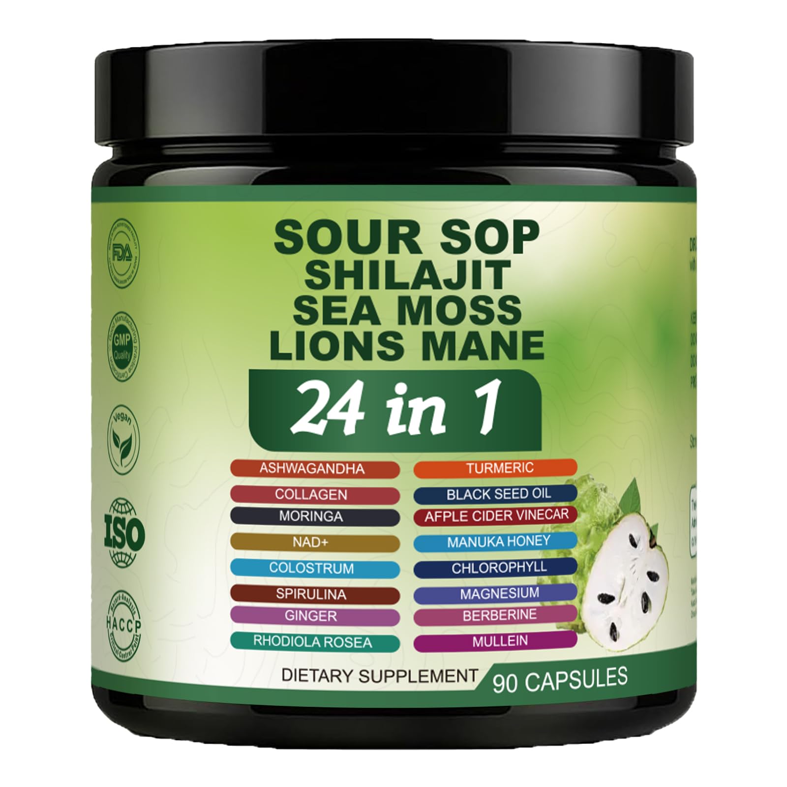 Nukupuns Soursop Capsules - 24-in-1 Graviola with Shilajit, Sea Moss, Lions Mane, Turmeric, Ashwagandha, Ginger & Manuka Honey, Vegan, Non-GMO, 90 Capsules
