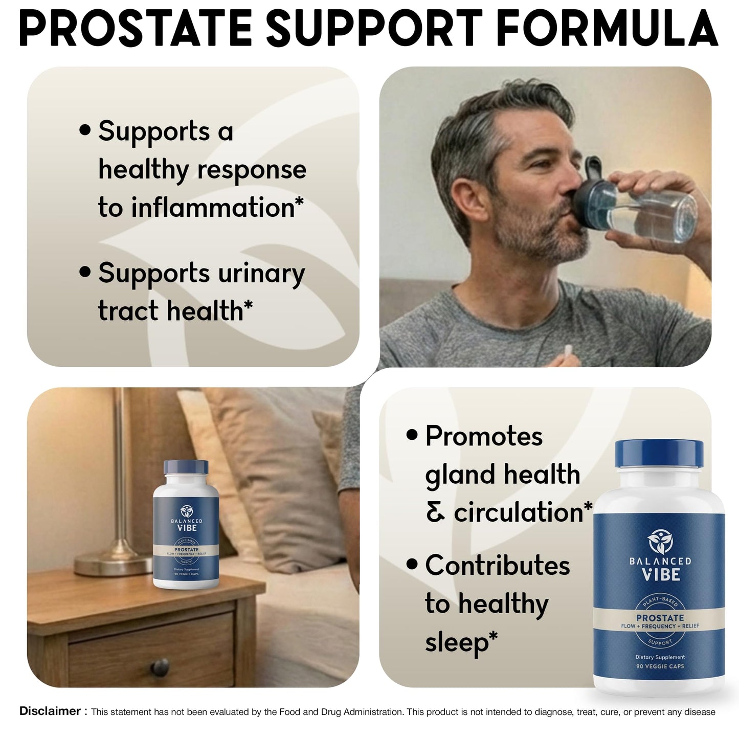 Balanced Vibe 11-in-1 Prostate Supplement for Men with Saw Palmetto, Pygeum, Beta-Sitosterol & Pumpkin Seed, Supports Prostate Health, Urinary Flow & Bladder Comfort, Vegan, GMO Free, 90 Capsules