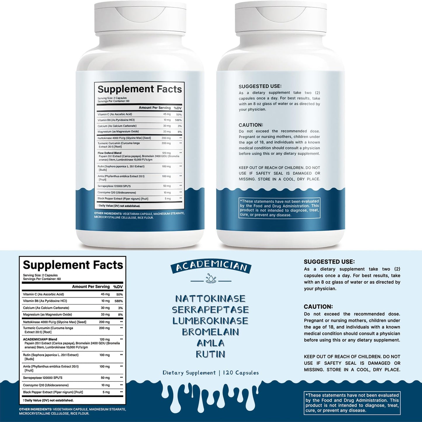 ACADEMICIAN Organic Nattokinase Supplement Serrapeptase Amla Rutin Lumbrokinase Bromelain Capsules - 120 Count