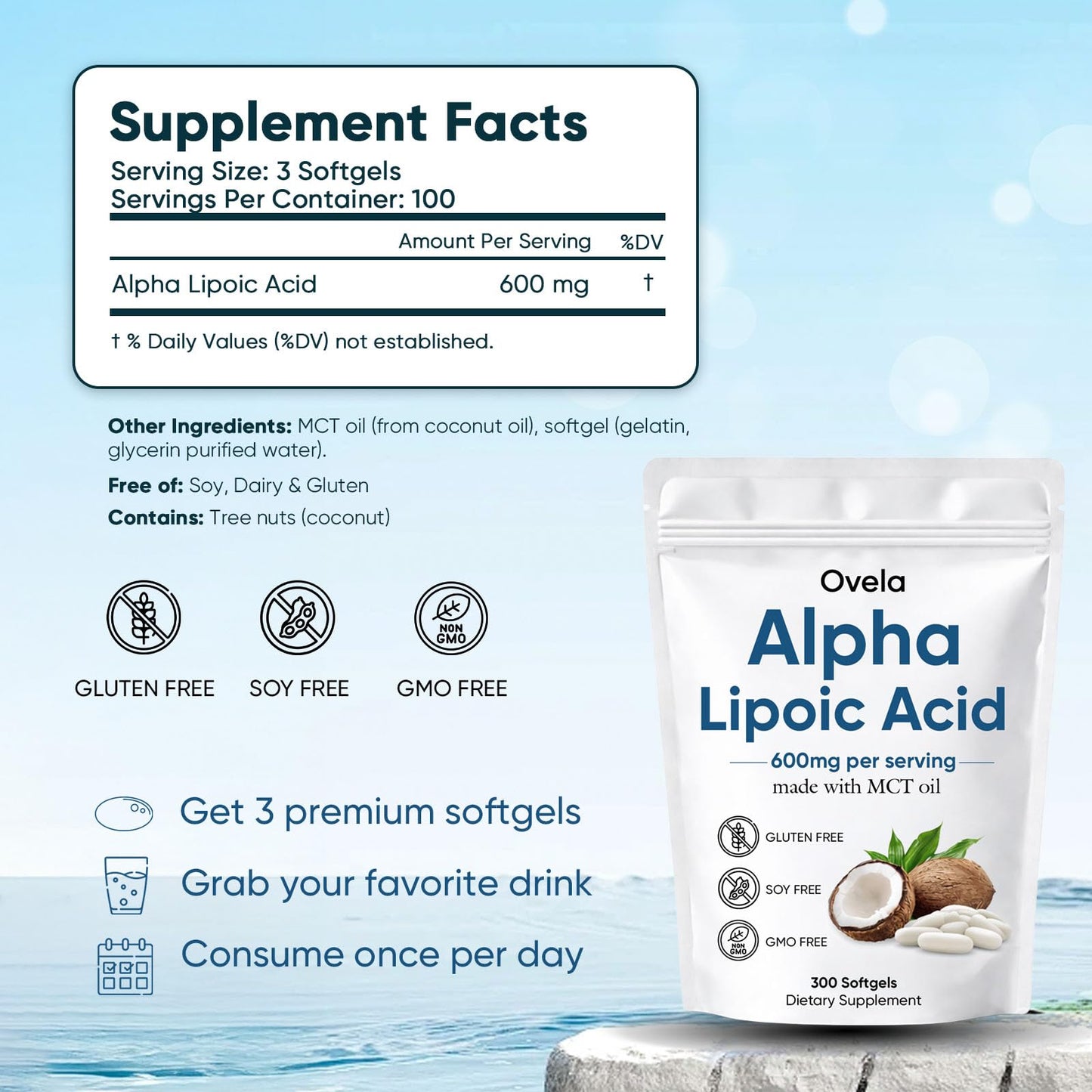 Aacnre Ovela Alpha Lipoic Acid 600mg with MCT Oil Softgels, 1 Count